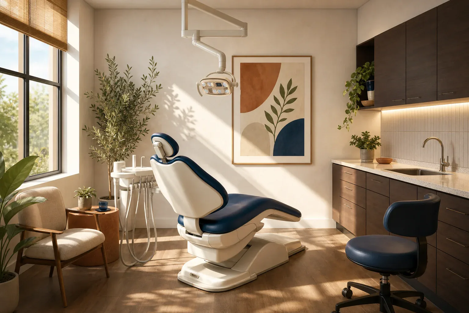 Editorial illustration of a warm modern dental treatment room