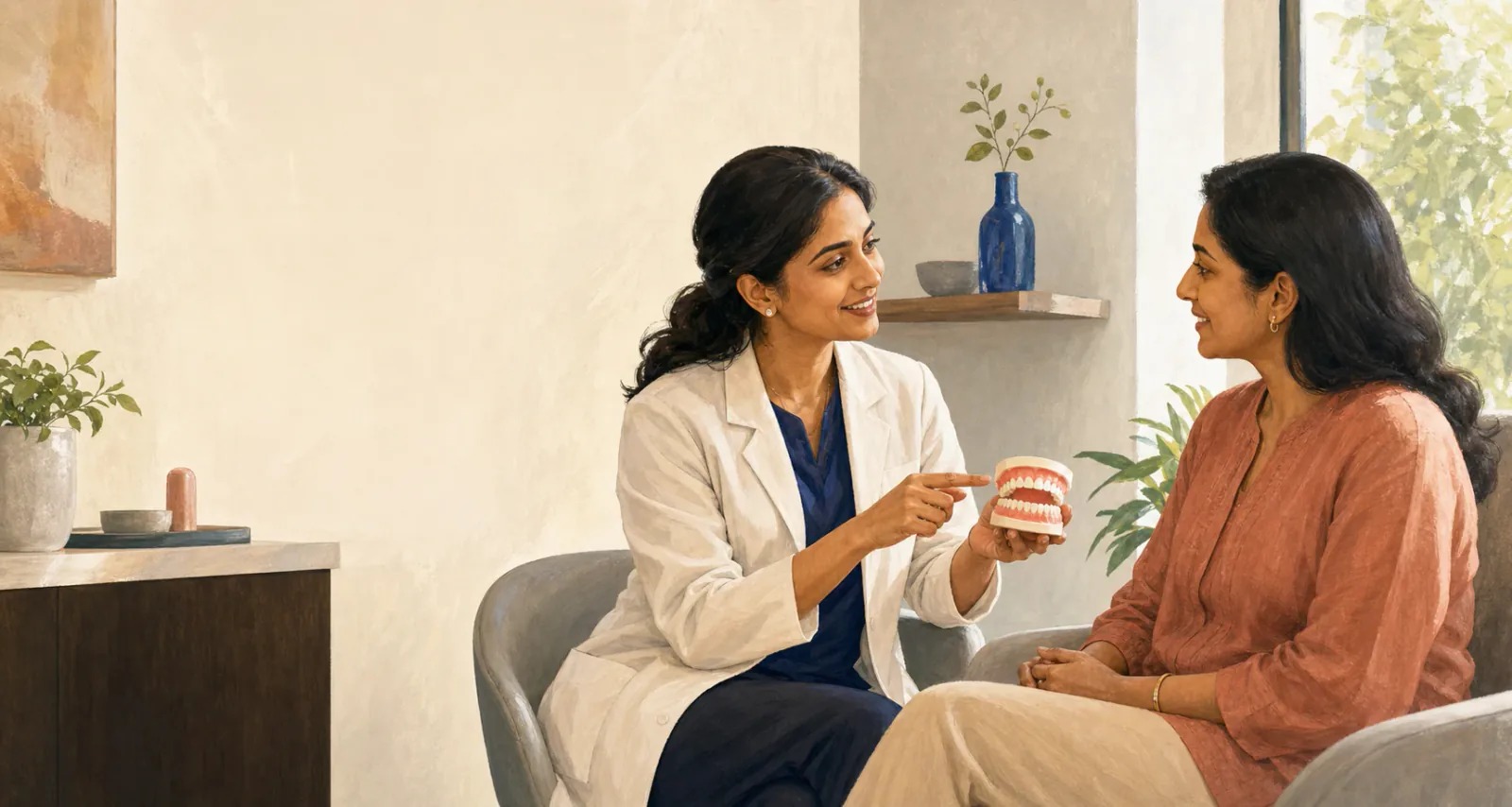 Editorial illustration of a dentist having a reassuring conversation with a patient