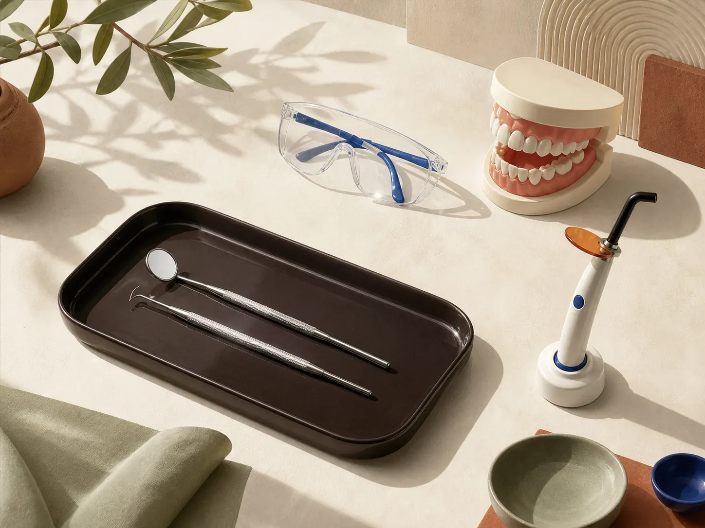 Editorial still life of clean modern dental equipment